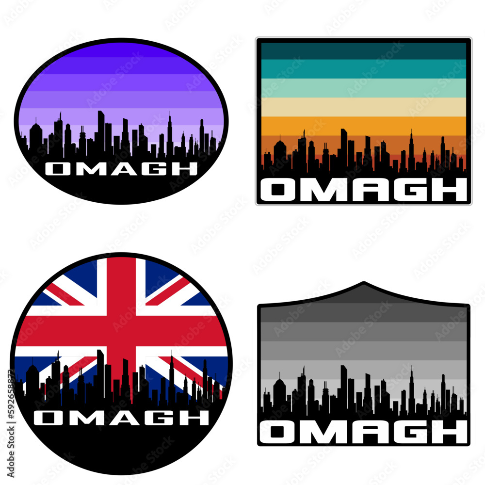 Omagh Skyline Silhouette Uk Flag Travel Souvenir Sticker Sunset Background Vector Illustration SVG EPS AI