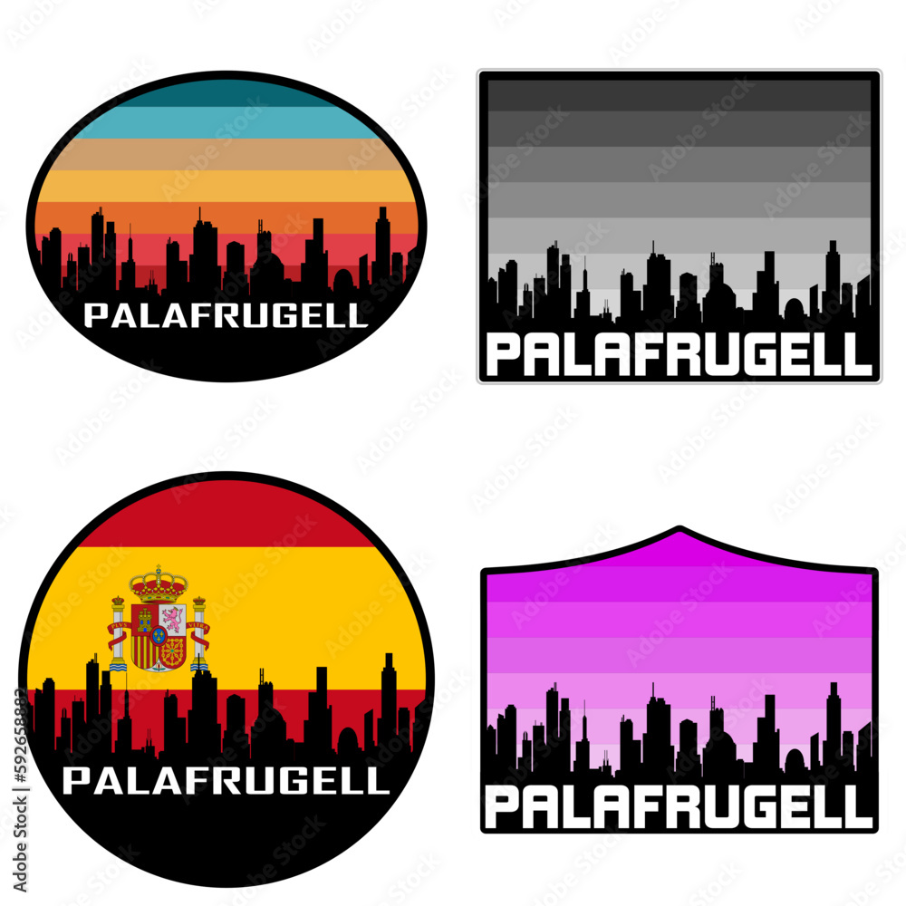 Palafrugell Skyline Silhouette Spain Flag Travel Souvenir Sticker Sunset Background Vector Illustration SVG EPS AI