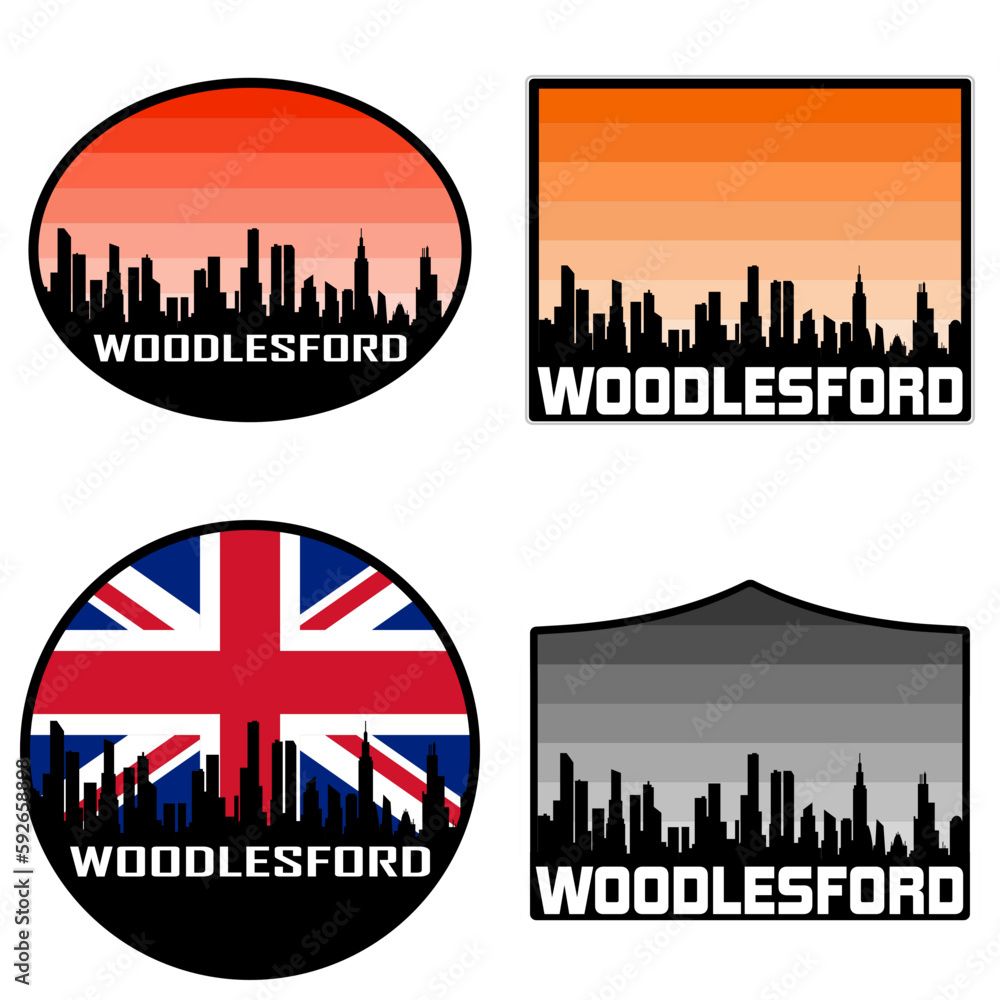 Woodlesford Skyline Silhouette Uk Flag Travel Souvenir Sticker Sunset Background Vector Illustration SVG EPS AI