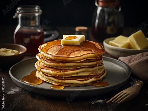 A stack of pancakes with syrup and butter on top