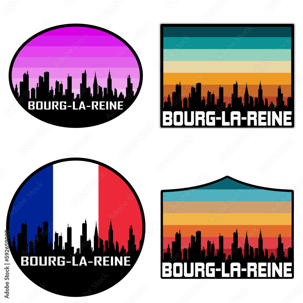 Bourg la Reine Skyline Silhouette France Flag Travel Souvenir Sticker Sunset Background Vector Illustration SVG EPS AI
