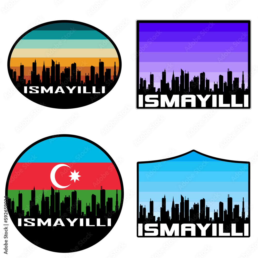 Ismayilli Skyline Silhouette Azerbaijan Flag Travel Souvenir Sticker Sunset Background Vector Illustration SVG EPS AI