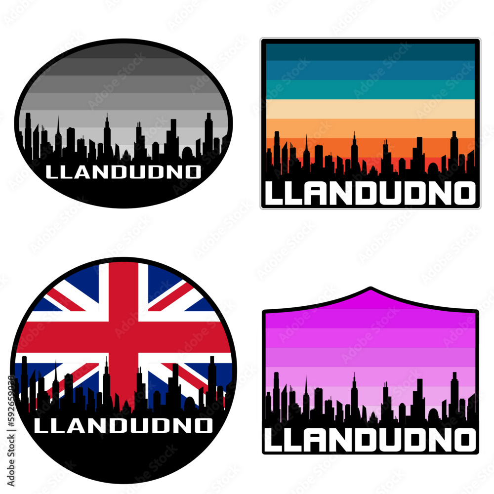 Llandudno Skyline Silhouette Uk Flag Travel Souvenir Sticker Sunset Background Vector Illustration SVG EPS AI