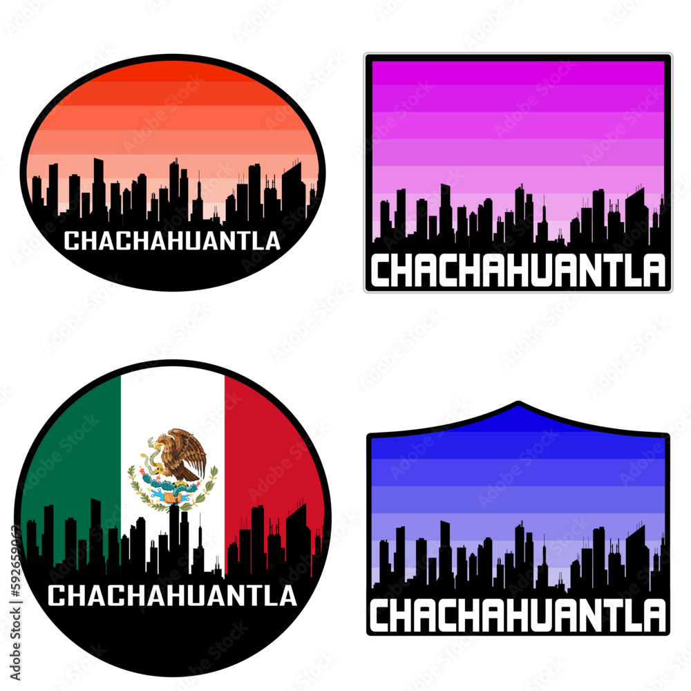 Chachahuantla Skyline Silhouette Mexico Flag Travel Souvenir Sticker Sunset Background Vector Illustration SVG EPS AI