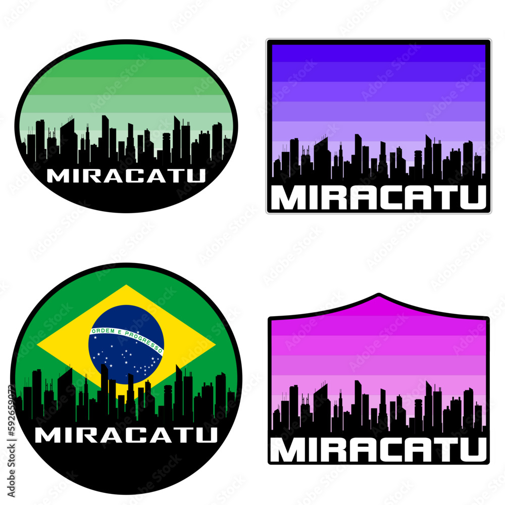 Miracatu Skyline Silhouette Brazil Flag Travel Souvenir Sticker Sunset Background Vector Illustration SVG EPS AI