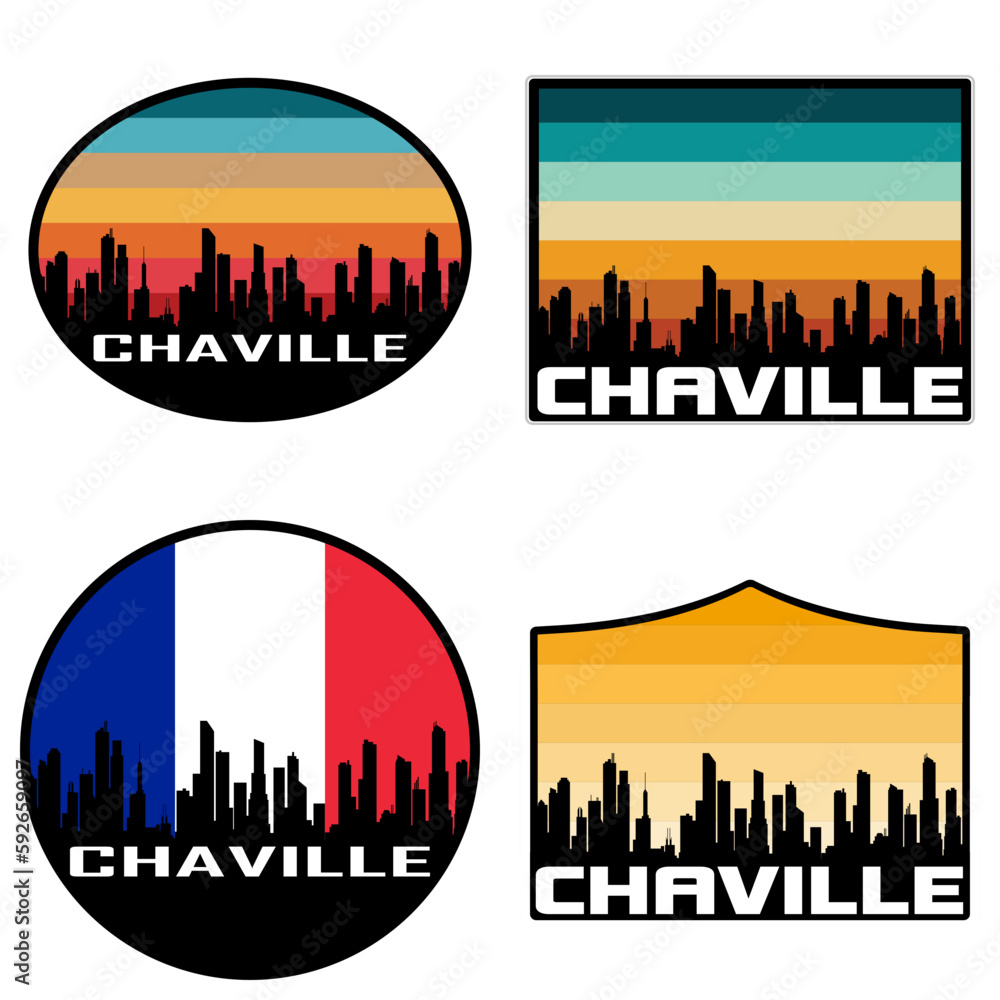 Chaville Skyline Silhouette France Flag Travel Souvenir Sticker Sunset Background Vector Illustration SVG EPS AI