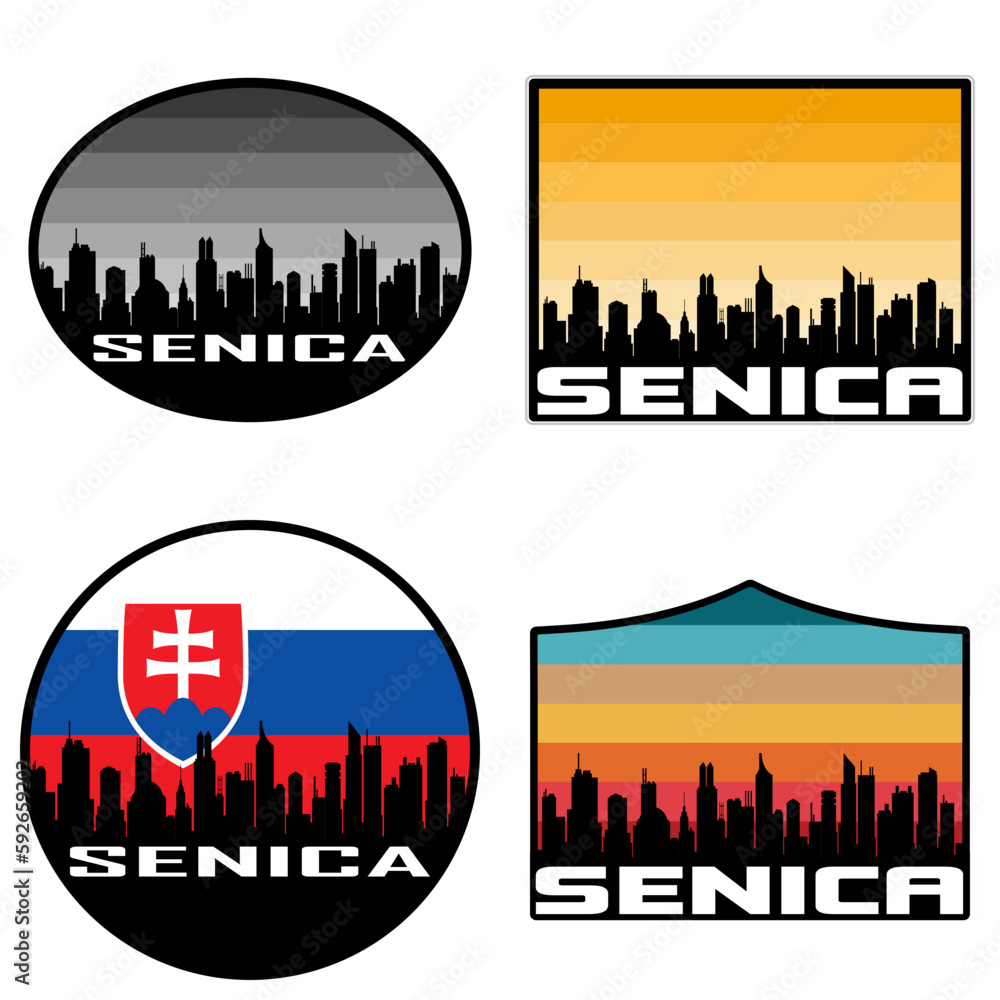 Senica Skyline Silhouette Slovakia Flag Travel Souvenir Sticker Sunset Background Vector Illustration SVG EPS AI