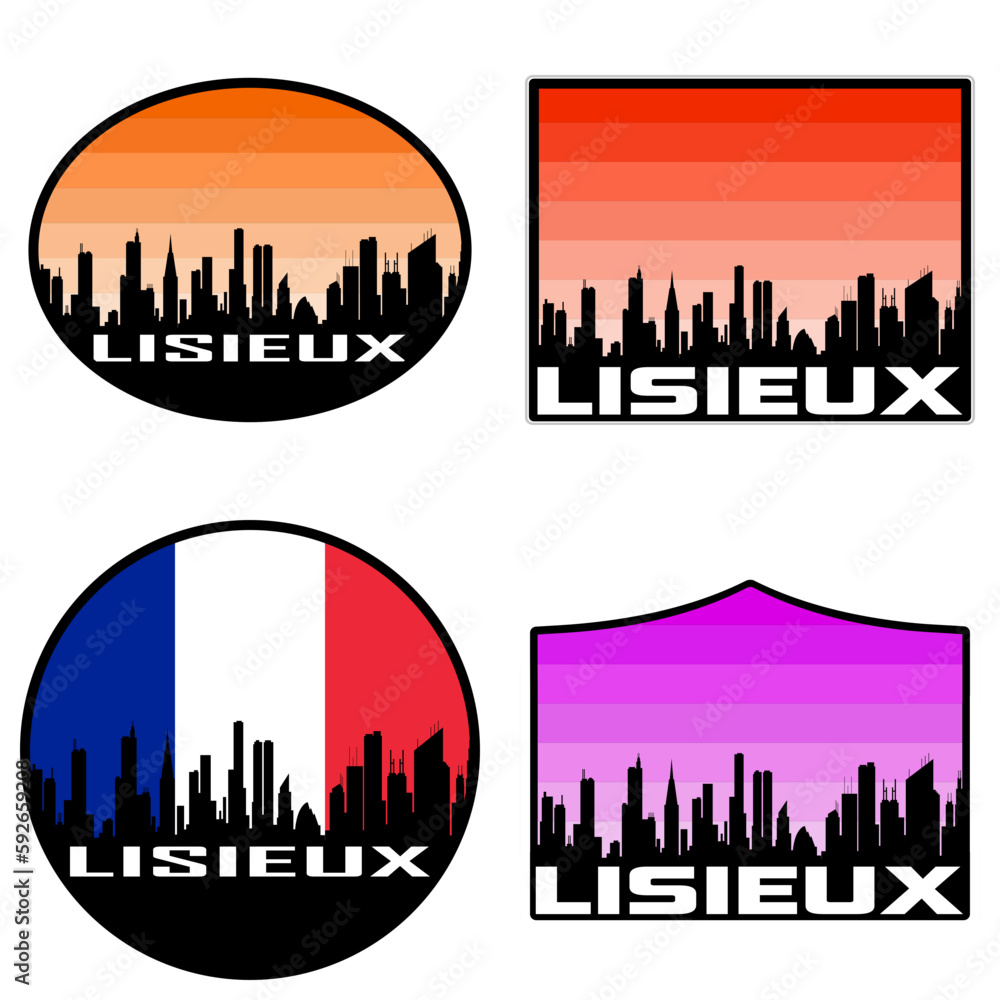 Lisieux Skyline Silhouette France Flag Travel Souvenir Sticker Sunset Background Vector Illustration SVG EPS AI