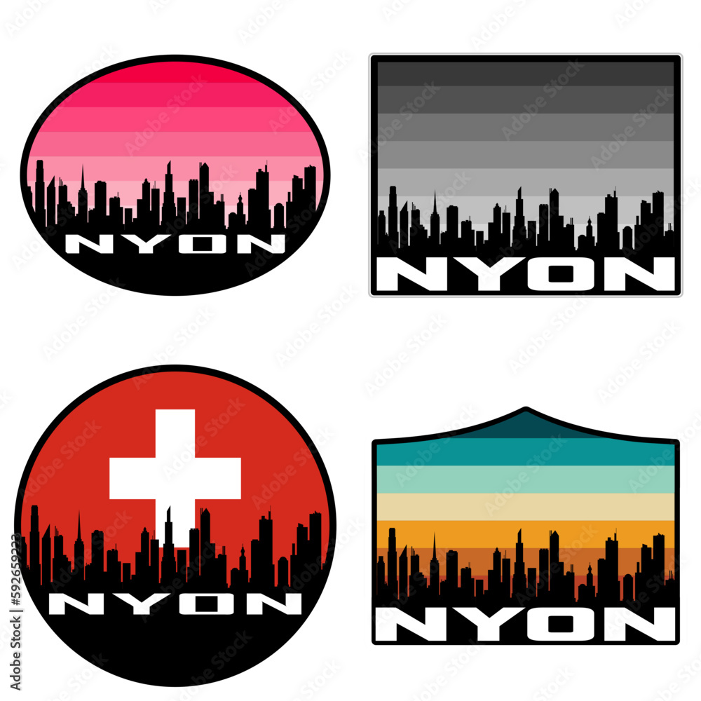 Nyon Skyline Silhouette Switzerland Flag Travel Souvenir Sticker Sunset Background Vector Illustration SVG EPS AI