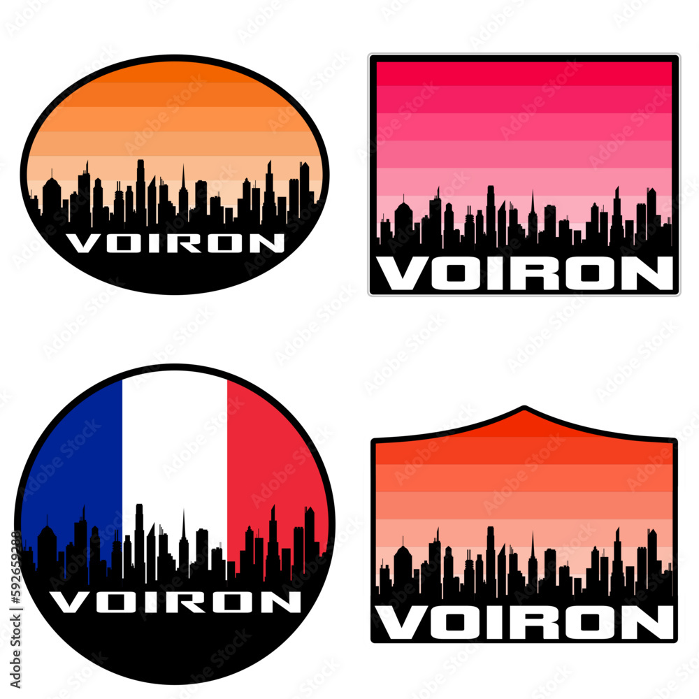 Voiron Skyline Silhouette France Flag Travel Souvenir Sticker Sunset Background Vector Illustration SVG EPS AI