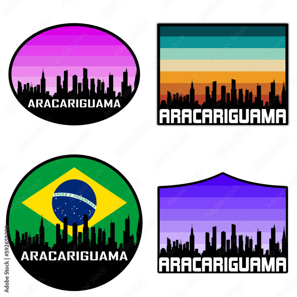 Aracariguama Skyline Silhouette Brazil Flag Travel Souvenir Sticker Sunset Background Vector Illustration SVG EPS AI