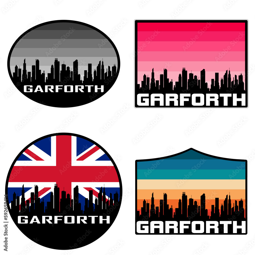 Garforth Skyline Silhouette Uk Flag Travel Souvenir Sticker Sunset Background Vector Illustration SVG EPS AI