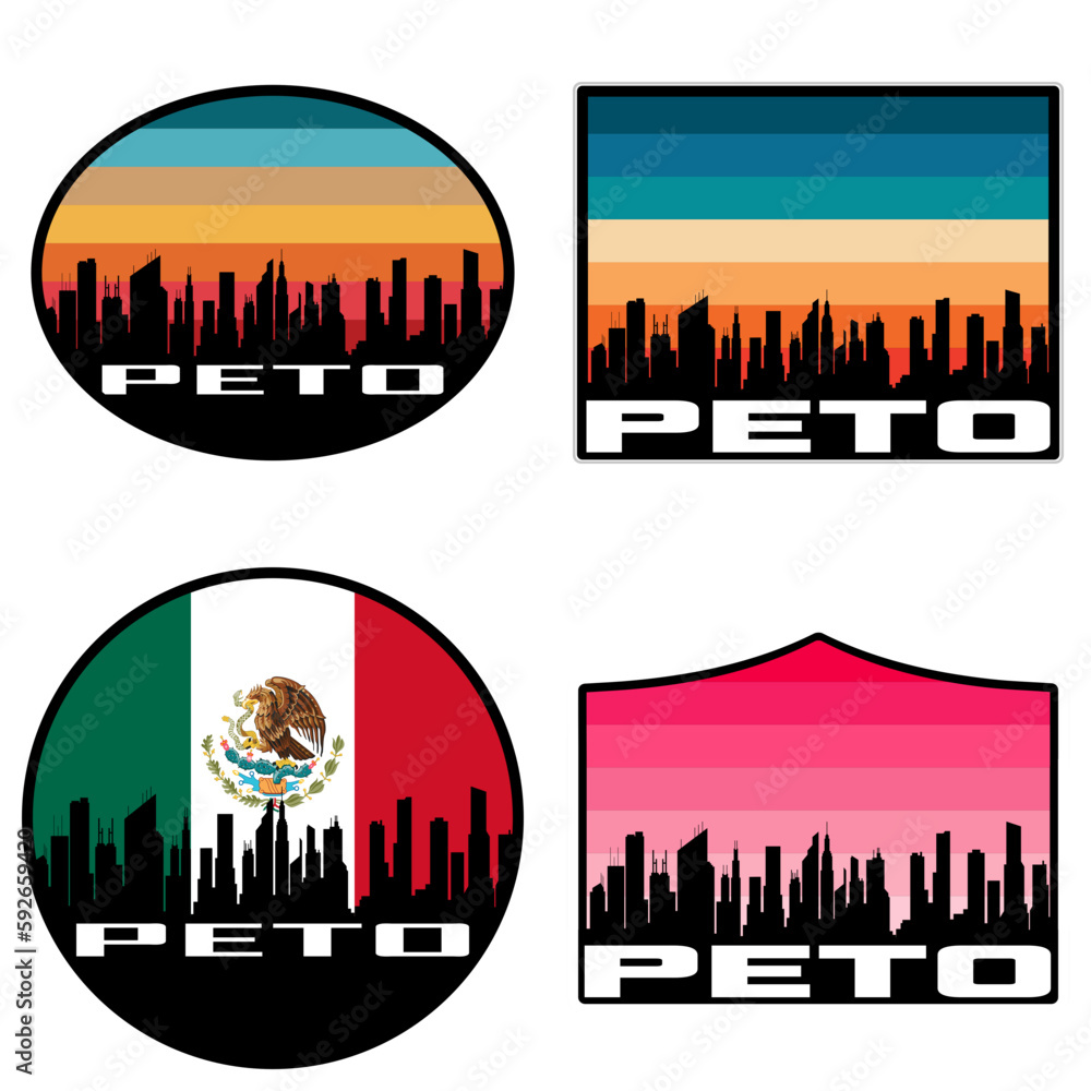 Peto Skyline Silhouette Mexico Flag Travel Souvenir Sticker Sunset Background Vector Illustration SVG EPS AI