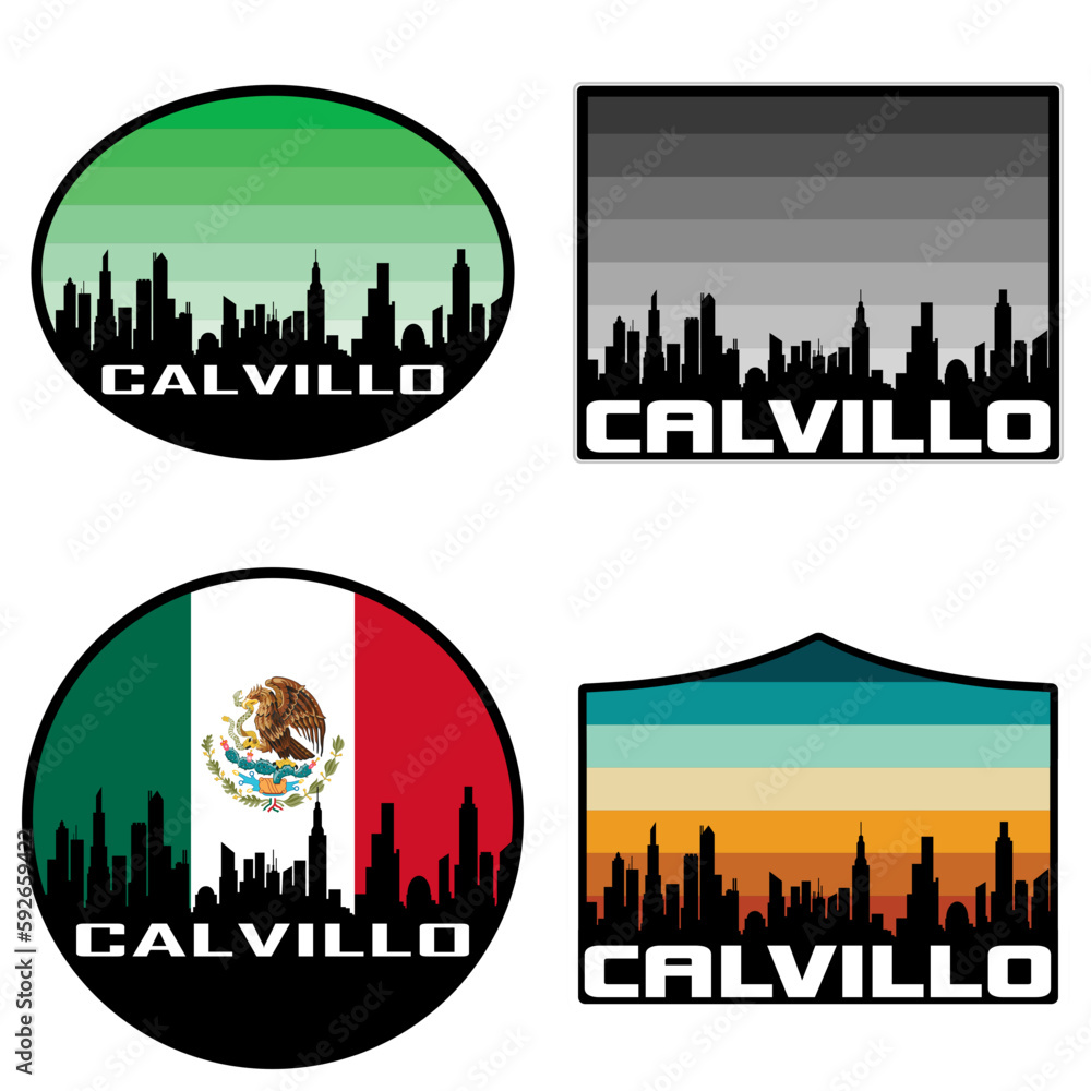 Calvillo Skyline Silhouette Mexico Flag Travel Souvenir Sticker Sunset Background Vector Illustration SVG EPS AI