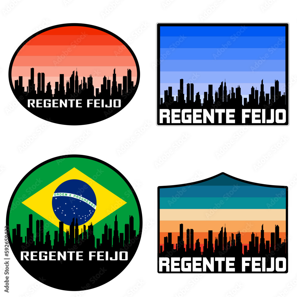 Regente Feijo Skyline Silhouette Brazil Flag Travel Souvenir Sticker Sunset Background Vector Illustration SVG EPS AI