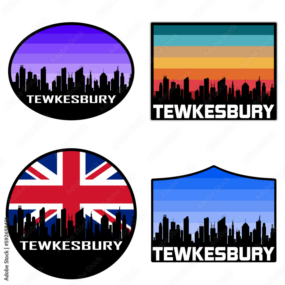 Tewkesbury Skyline Silhouette Uk Flag Travel Souvenir Sticker Sunset Background Vector Illustration SVG EPS AI