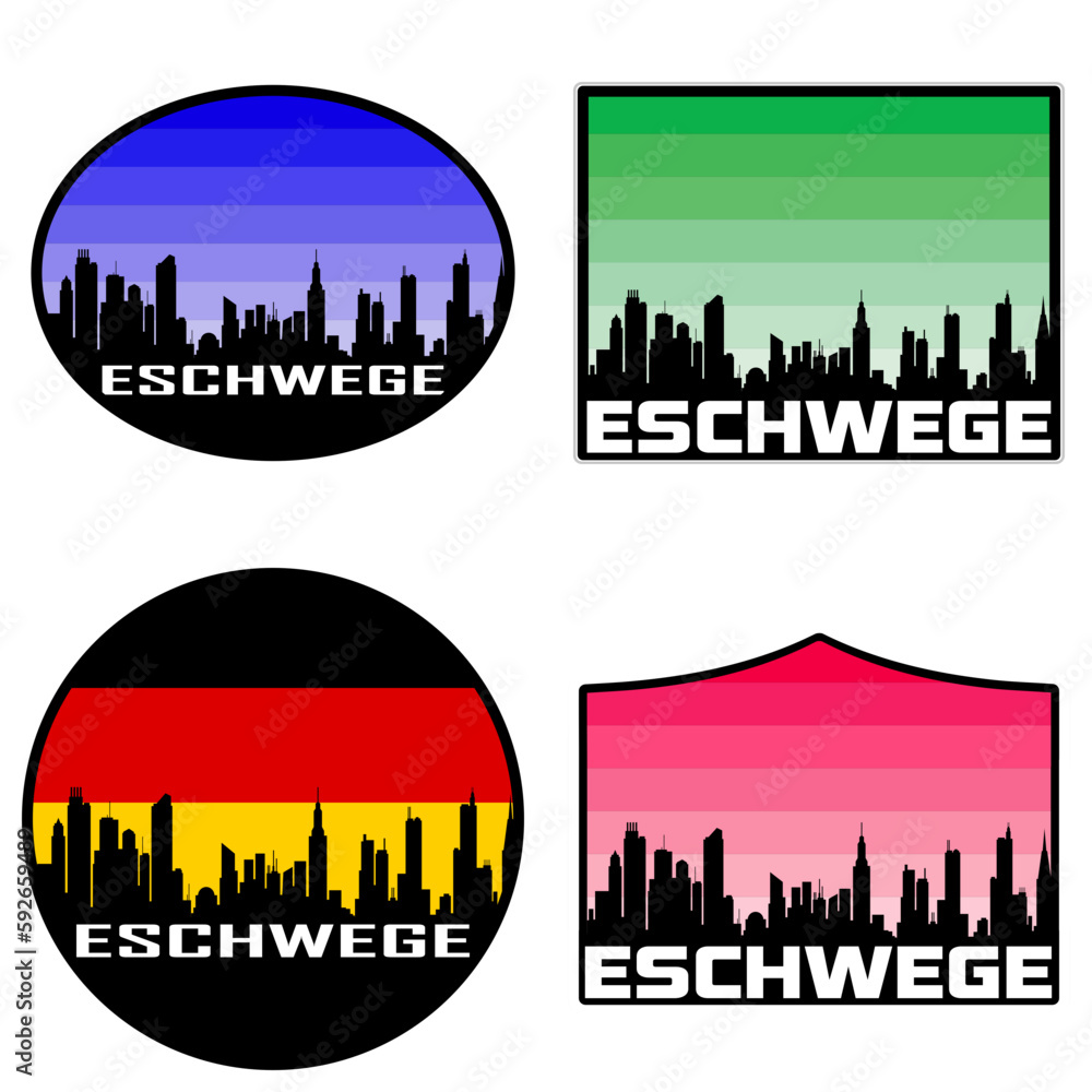 Eschwege Skyline Silhouette Germany Flag Travel Souvenir Sticker Sunset Background Vector Illustration SVG EPS AI