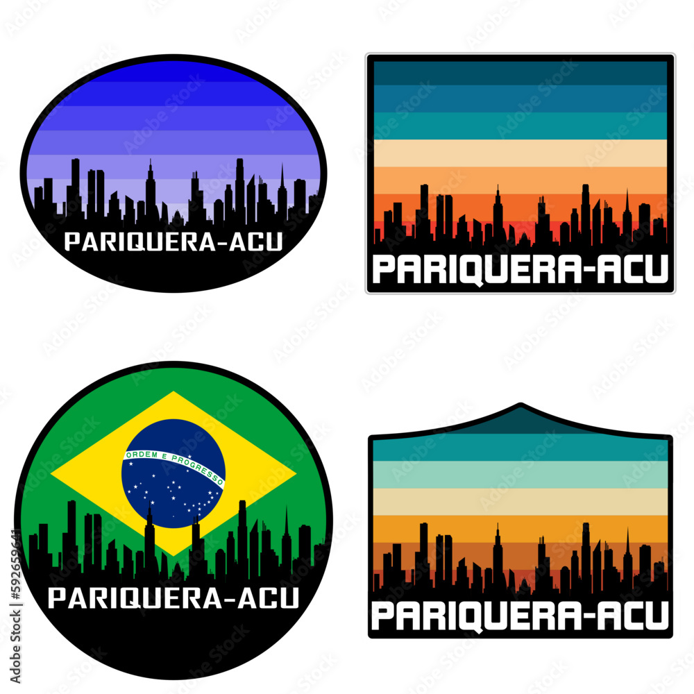 Pariquera Acu Skyline Silhouette Brazil Flag Travel Souvenir Sticker Sunset Background Vector Illustration SVG EPS AI