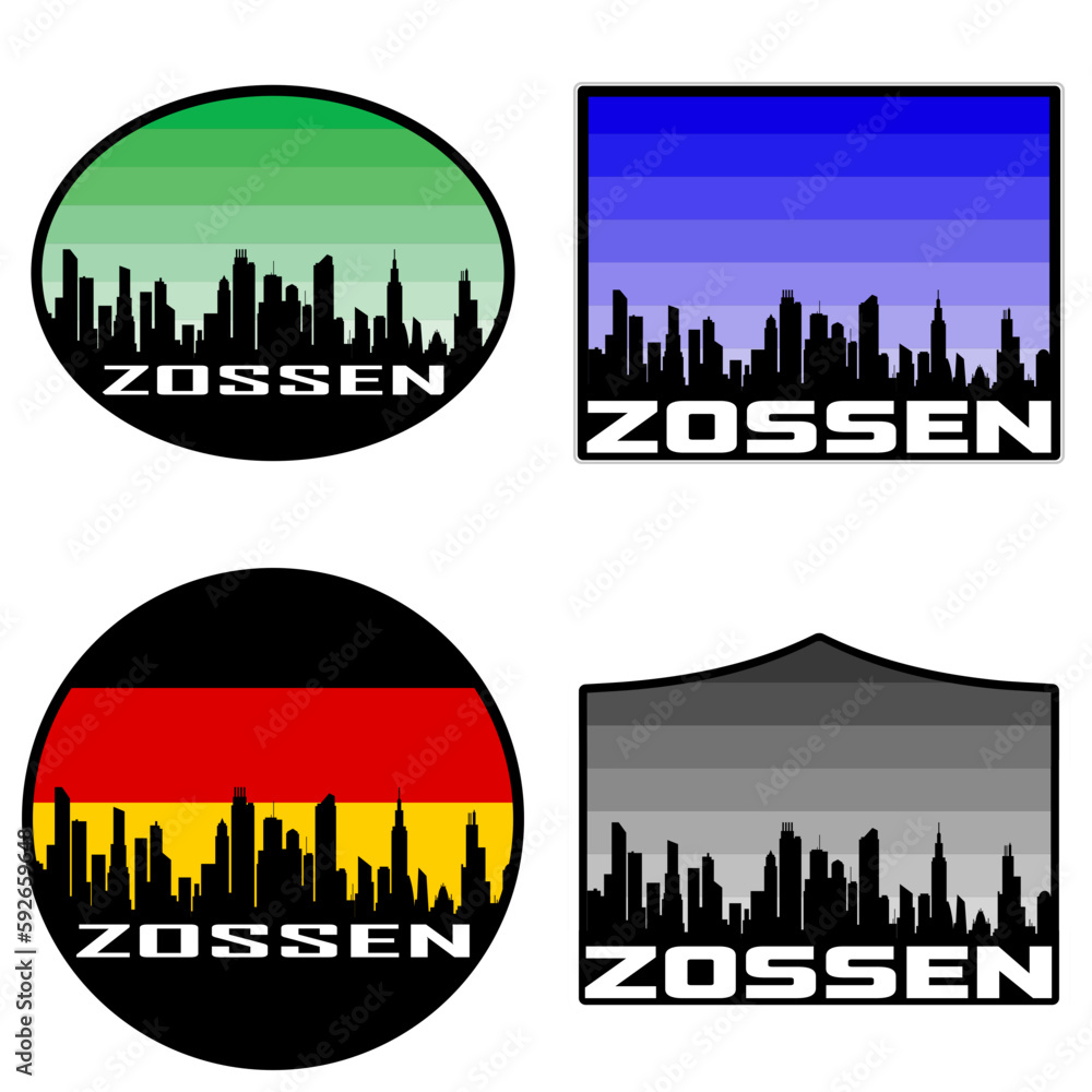 Zossen Skyline Silhouette Germany Flag Travel Souvenir Sticker Sunset Background Vector Illustration SVG EPS AI
