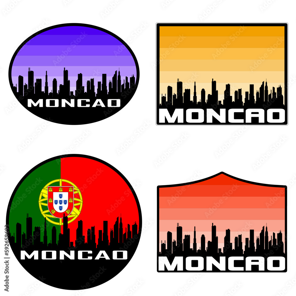 Moncao Skyline Silhouette Portugal Flag Travel Souvenir Sticker Sunset Background Vector Illustration SVG EPS AI