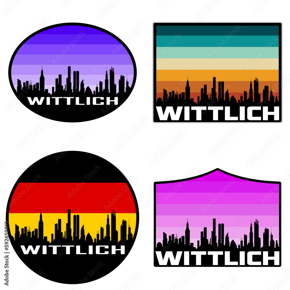 Wittlich Skyline Silhouette Germany Flag Travel Souvenir Sticker Sunset Background Vector Illustration SVG EPS AI