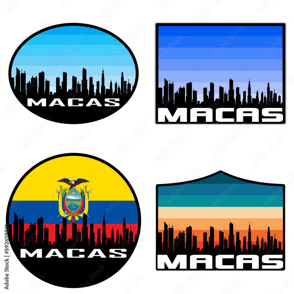 Macas Skyline Silhouette Ecuador Flag Travel Souvenir Sticker Sunset Background Vector Illustration SVG EPS AI
