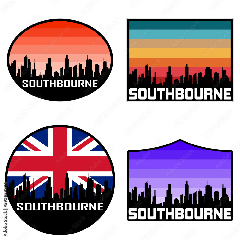 Southbourne Skyline Silhouette Uk Flag Travel Souvenir Sticker Sunset Background Vector Illustration SVG EPS AI