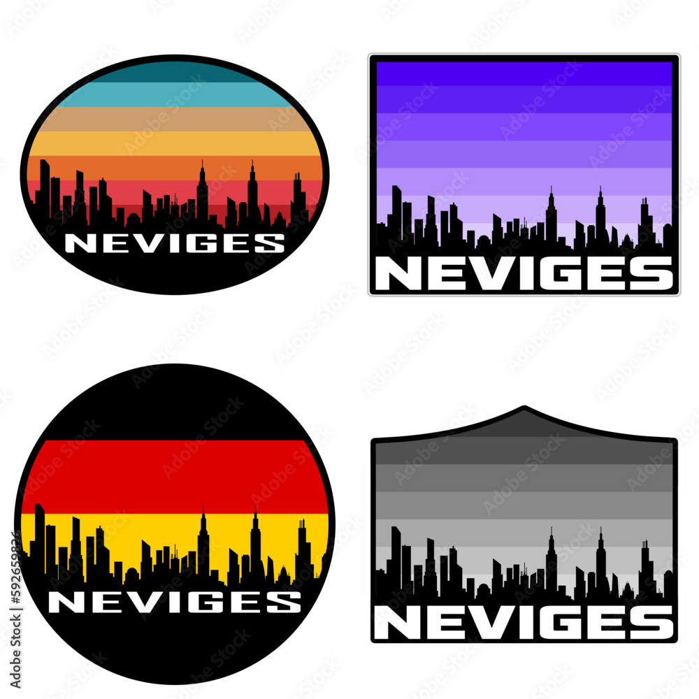 Neviges Skyline Silhouette Germany Flag Travel Souvenir Sticker Sunset Background Vector Illustration SVG EPS AI