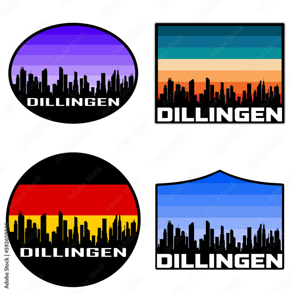 Dillingen Skyline Silhouette Germany Flag Travel Souvenir Sticker Sunset Background Vector Illustration SVG EPS AI