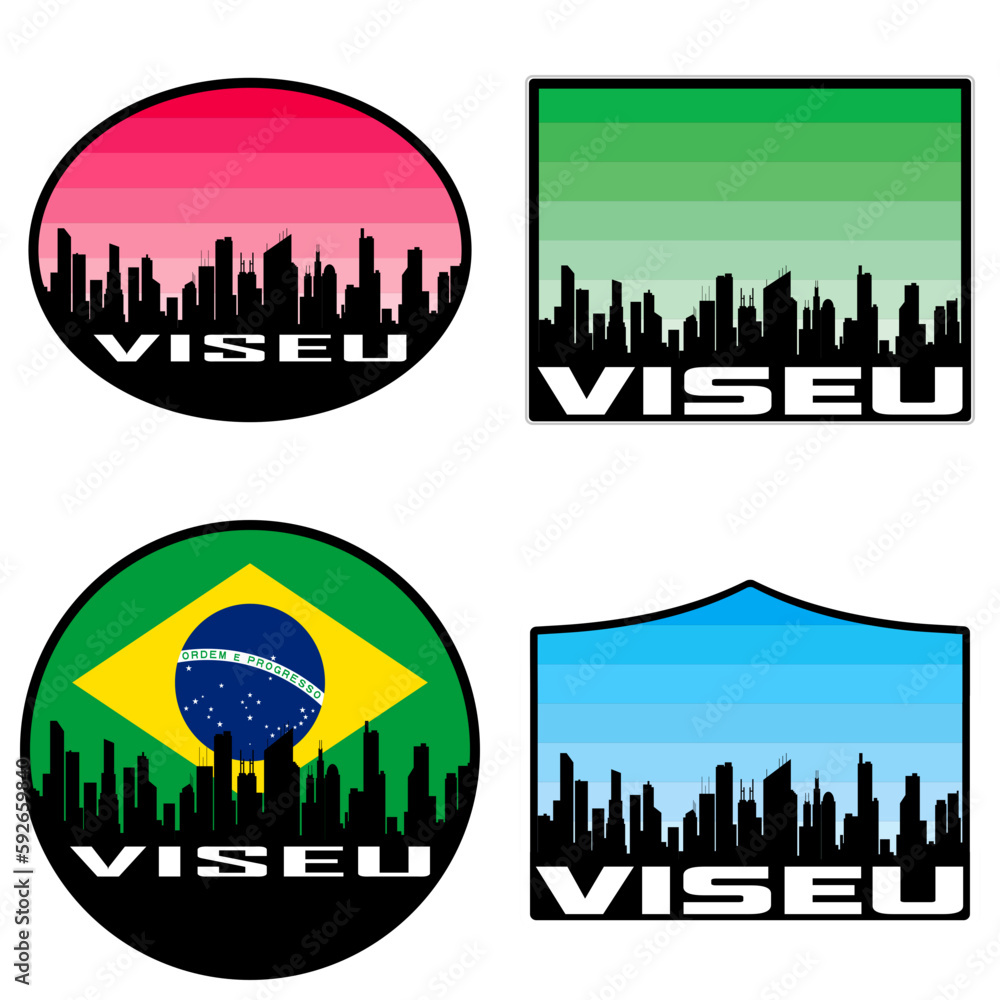 Viseu Skyline Silhouette Brazil Flag Travel Souvenir Sticker Sunset Background Vector Illustration SVG EPS AI