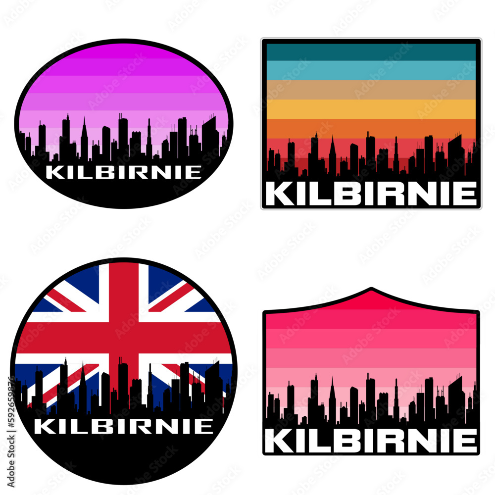 Kilbirnie Skyline Silhouette Uk Flag Travel Souvenir Sticker Sunset Background Vector Illustration SVG EPS AI