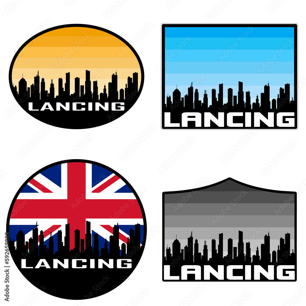 Lancing Skyline Silhouette Uk Flag Travel Souvenir Sticker Sunset Background Vector Illustration SVG EPS AI