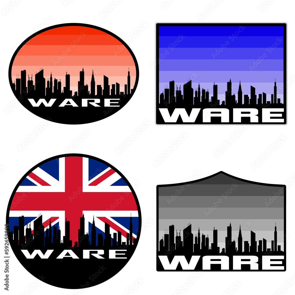 Ware Skyline Silhouette Uk Flag Travel Souvenir Sticker Sunset Background Vector Illustration SVG EPS AI
