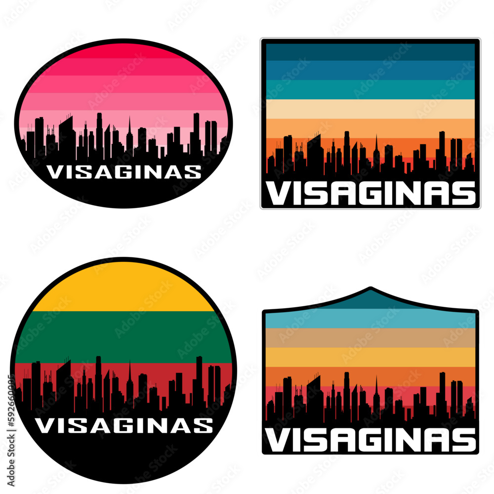 Visaginas Skyline Silhouette Lithuania Flag Travel Souvenir Sticker Sunset Background Vector Illustration SVG EPS AI
