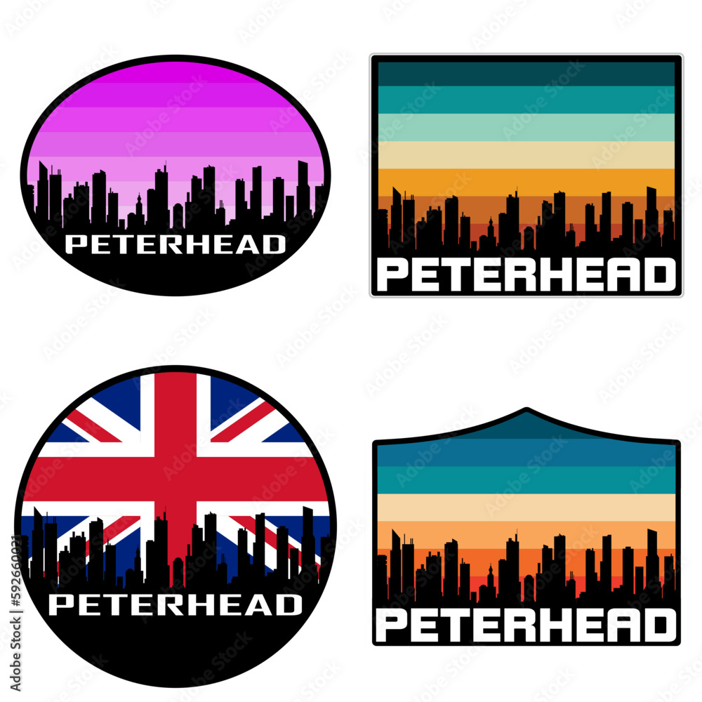Peterhead Skyline Silhouette Uk Flag Travel Souvenir Sticker Sunset Background Vector Illustration SVG EPS AI