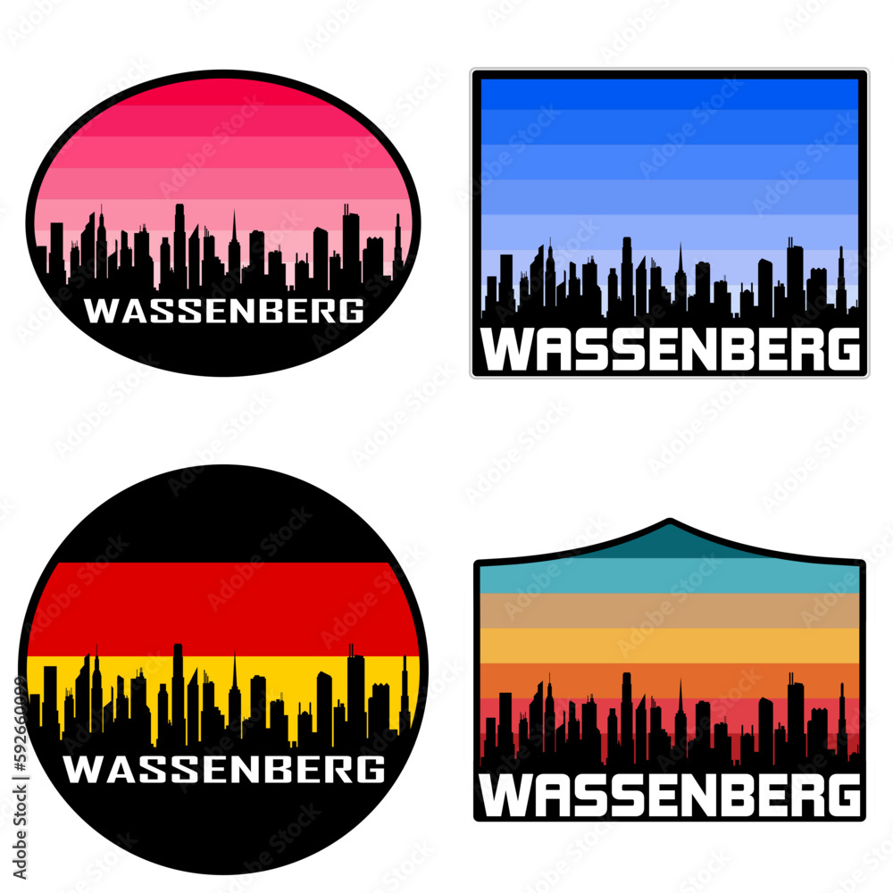 Wassenberg Skyline Silhouette Germany Flag Travel Souvenir Sticker Sunset Background Vector Illustration SVG EPS AI