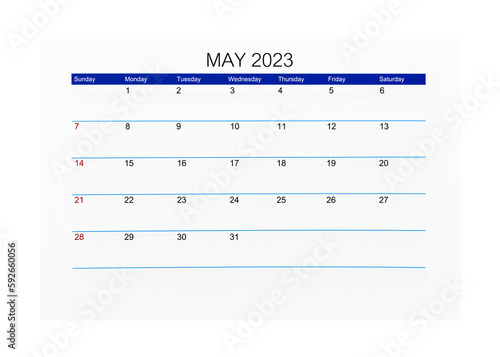 The May 2023 Calendar page for 2023 year isolated on white background, Saved clipping path.