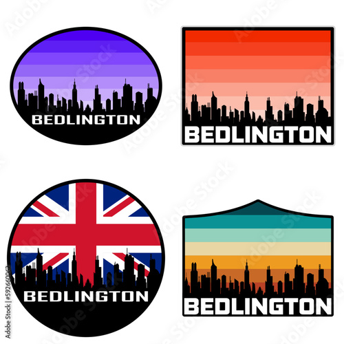 Bedlington Skyline Silhouette Uk Flag Travel Souvenir Sticker Sunset Background Vector Illustration SVG EPS AI