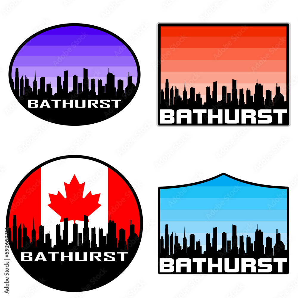 Bathurst Skyline Silhouette Canada Flag Travel Souvenir Sticker Sunset Background Vector Illustration SVG EPS AI