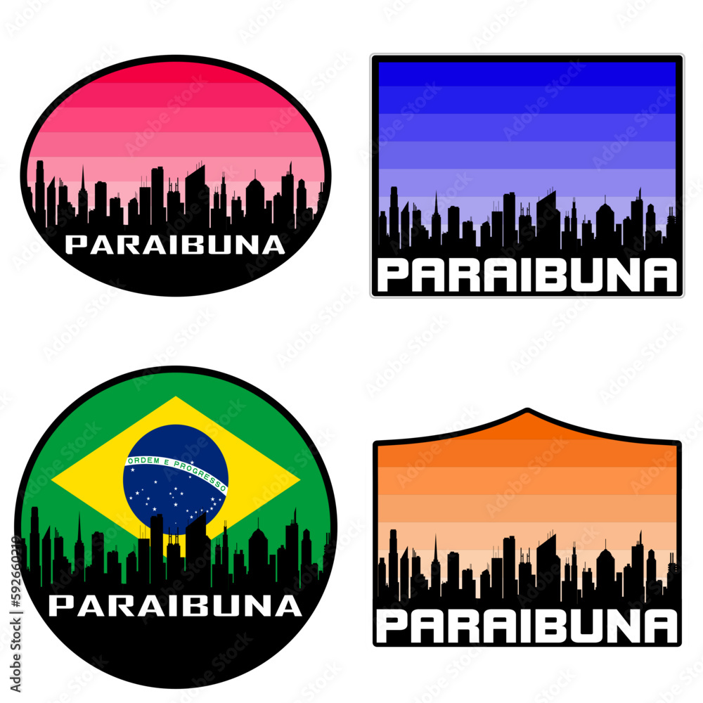 Paraibuna Skyline Silhouette Brazil Flag Travel Souvenir Sticker Sunset Background Vector Illustration SVG EPS AI