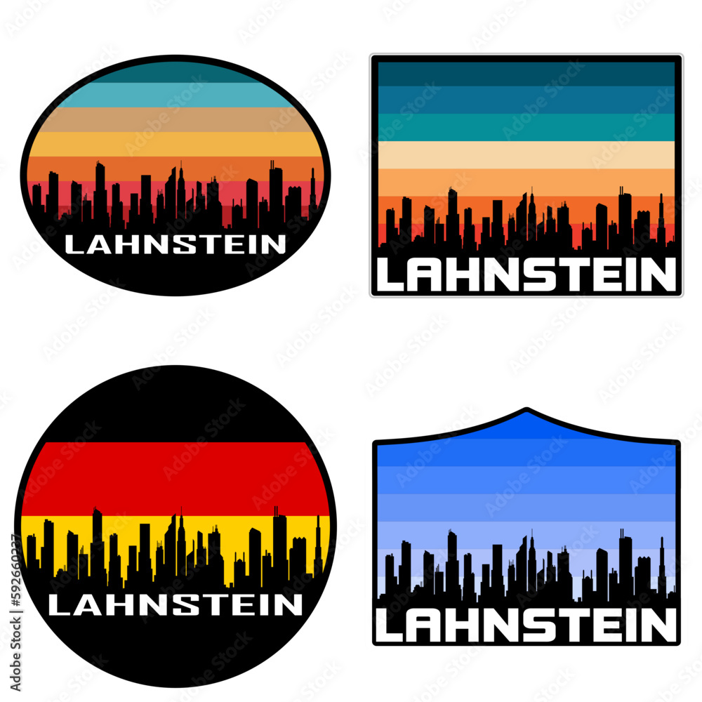 Lahnstein Skyline Silhouette Germany Flag Travel Souvenir Sticker Sunset Background Vector Illustration SVG EPS AI