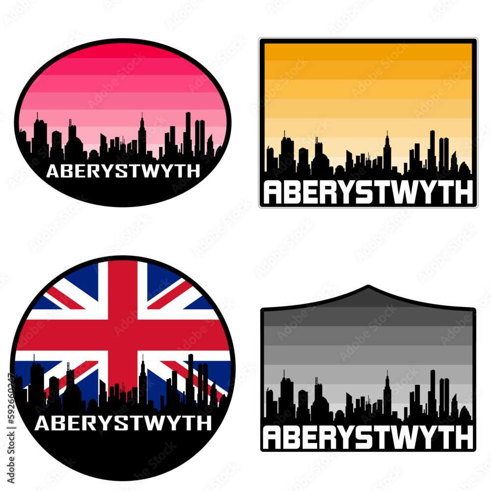 Aberystwyth Skyline Silhouette Uk Flag Travel Souvenir Sticker Sunset Background Vector Illustration SVG EPS AI
