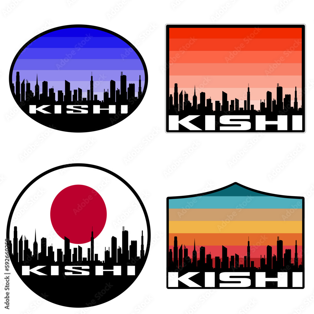 Kishi Skyline Silhouette Japan Flag Travel Souvenir Sticker Sunset Background Vector Illustration SVG EPS AI