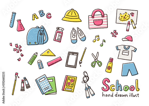 学校生活で使う道具のシンプルな手描きベクター線画イラスト