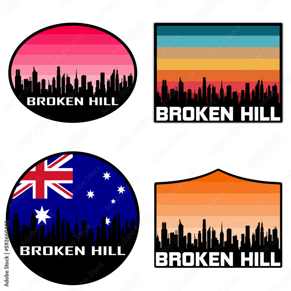 Broken Hill Skyline Silhouette Australia Flag Travel Souvenir Sticker Sunset Background Vector Illustration SVG EPS AI