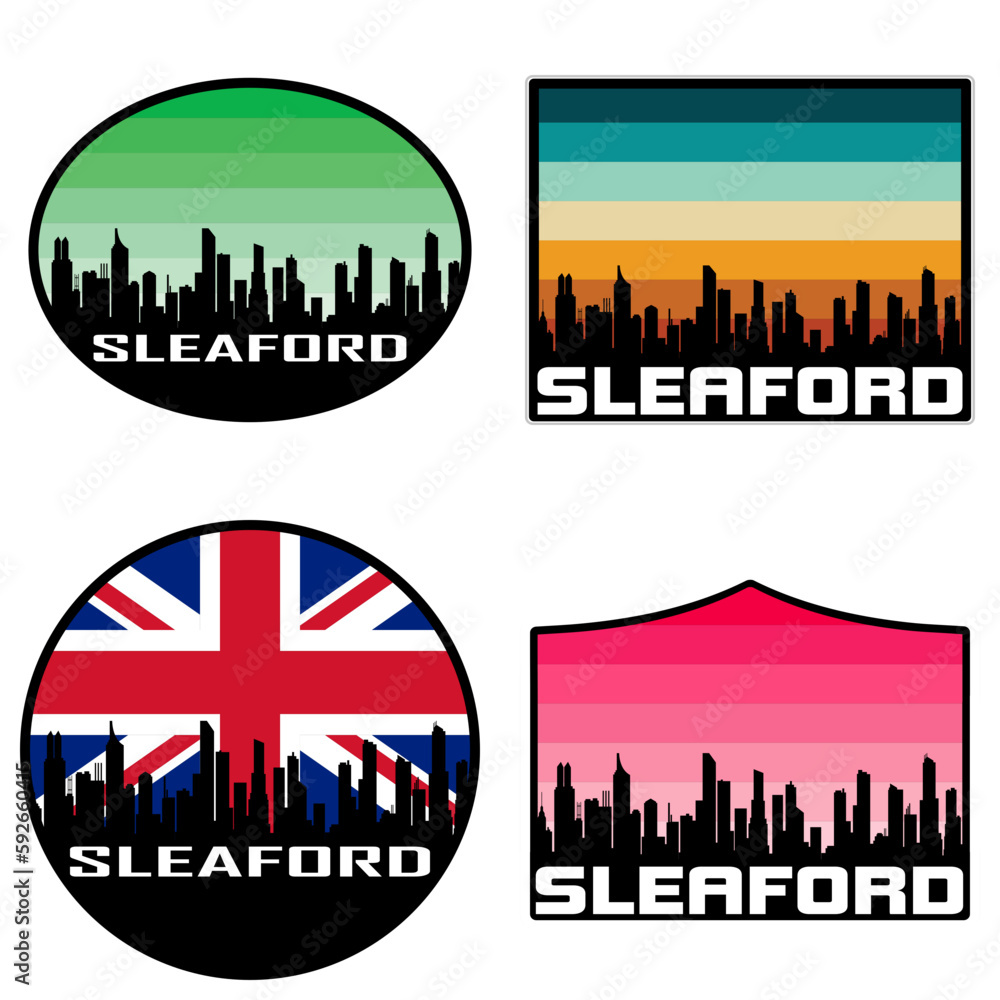 Sleaford Skyline Silhouette Uk Flag Travel Souvenir Sticker Sunset Background Vector Illustration SVG EPS AI