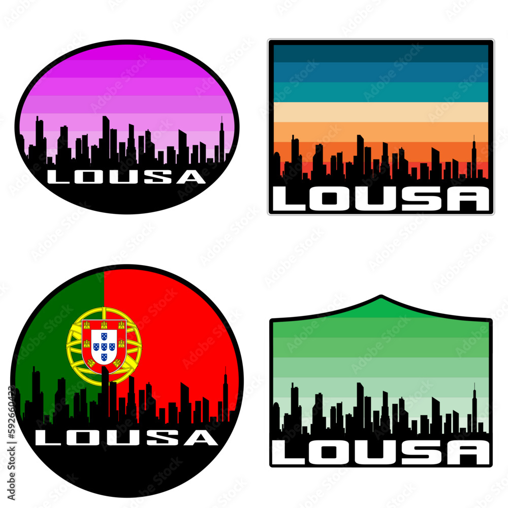 Lousa Skyline Silhouette Portugal Flag Travel Souvenir Sticker Sunset Background Vector Illustration SVG EPS AI