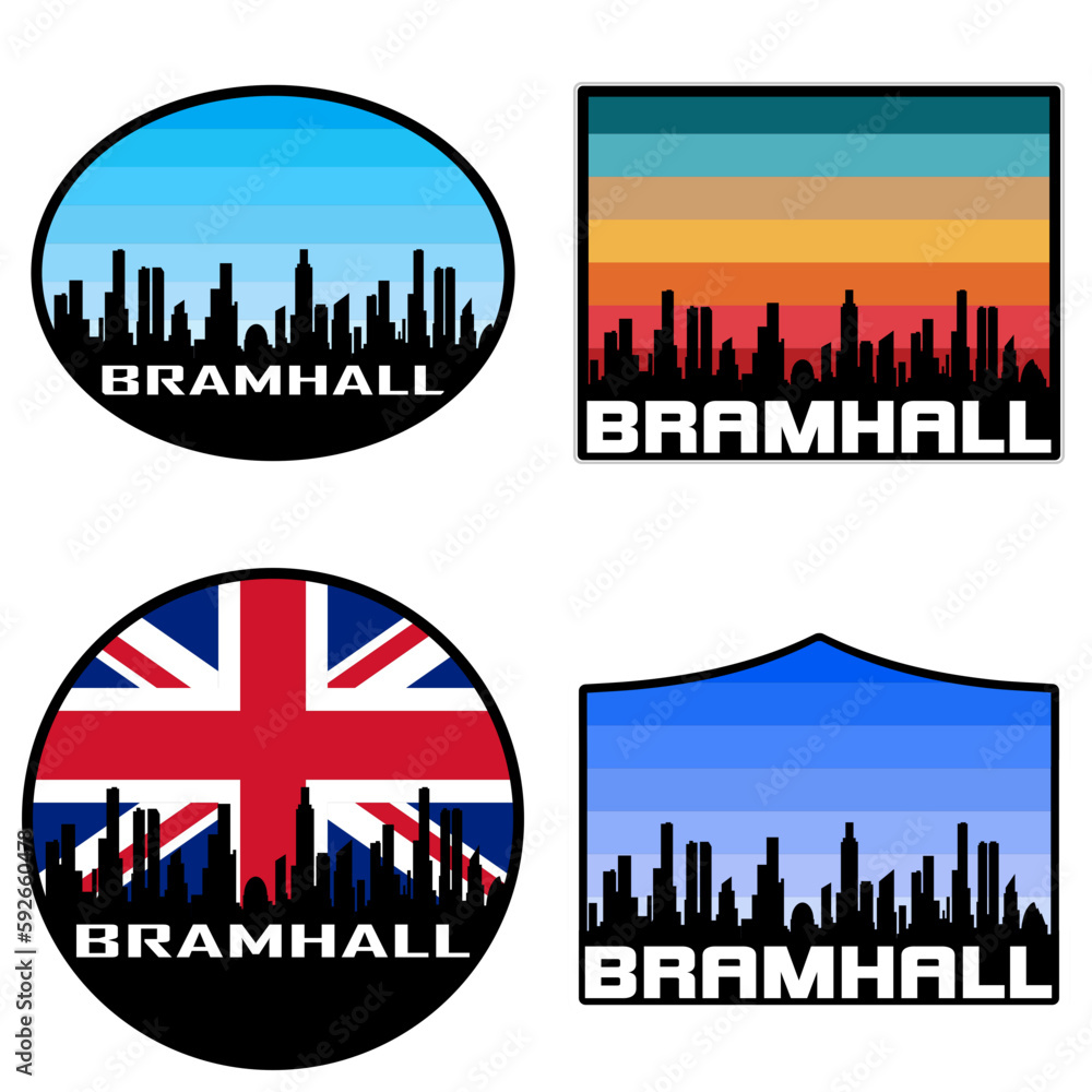Bramhall Skyline Silhouette Uk Flag Travel Souvenir Sticker Sunset Background Vector Illustration SVG EPS AI
