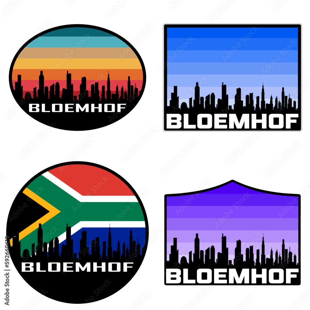 Bloemhof Skyline Silhouette South Africa Flag Travel Souvenir Sticker Sunset Background Vector Illustration SVG EPS AI