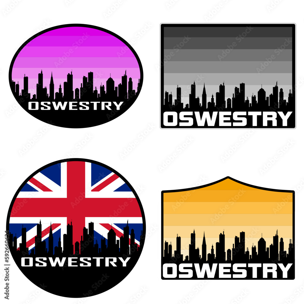 Oswestry Skyline Silhouette Uk Flag Travel Souvenir Sticker Sunset Background Vector Illustration SVG EPS AI